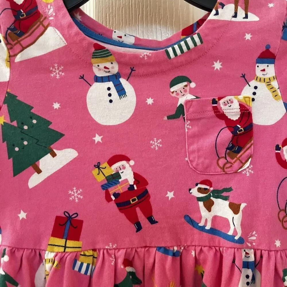 Mini Boden Festive Fun Pink Christmas Dress Dinosaurs Santa Pockets Girls SZ 5-6